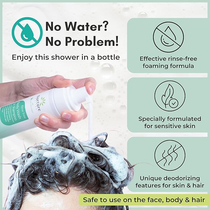 Nurture Rinse Free Body Wash &amp Shampoo w/Aloe | Hospital Grade Hair &amp Body Waterless Cleansing Foam | Women Camping Elderly &amp Hospital Patients | Shower Bath &amp Hand Soap for Sensitiv