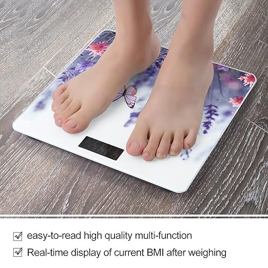 Lavender Flower Background with Butterflies And Flowers Scale for Body Weight Digital Bathroom Scale Precision Smart Weighing Scales with Clear LED Display Accurate High Precision Scales Weighing Mach