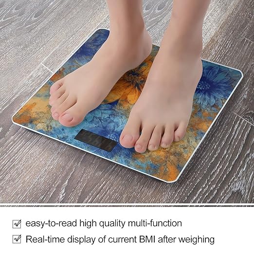 Blue and Orange Flowers Weight Scale Digital Electronic Scales Bathroom Scale Larg LCD Backlight Display High Precision MeasurementsTempered Glass