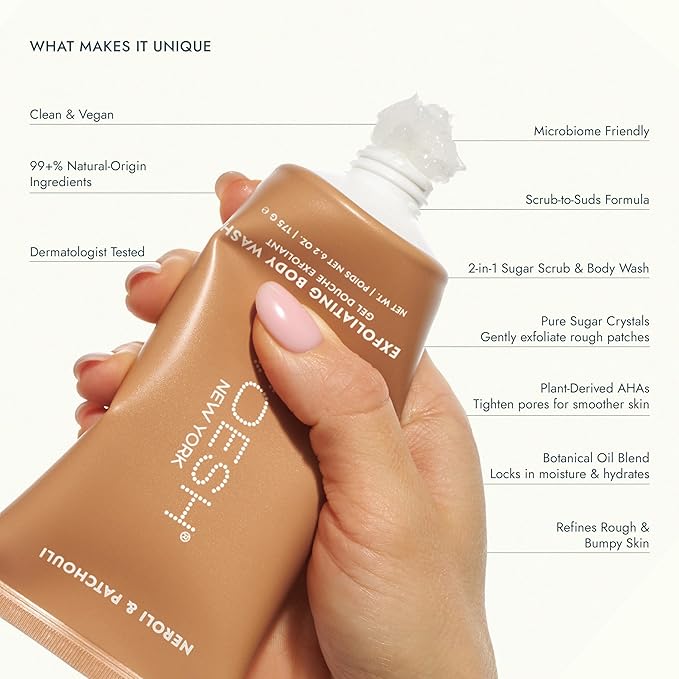 VOESH Sugar Scrub &amp Exfoliating Body Wash with Plant-Derived AHAs &amp Vegan Probiotics K-Beauty Korean Skincare - Neroli &amp Patchouli