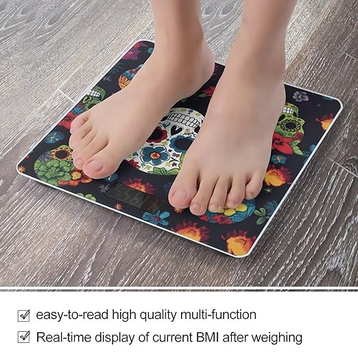 Flower Cactus Sugar Skull Bathroom Scale for Body Weight Bathroom Weighing Scale with Backlit LCD Display Highly Accurate Measures Weight Up to 180kg