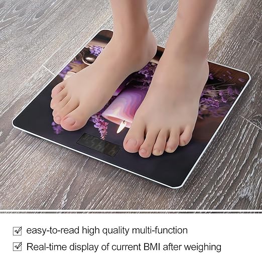 Purple Lavender with Candles Bathroom Scale for Body Weight Bathroom Weighing Scale with Backlit LCD Display Highly Accurate Measures Weight Up to 180kg