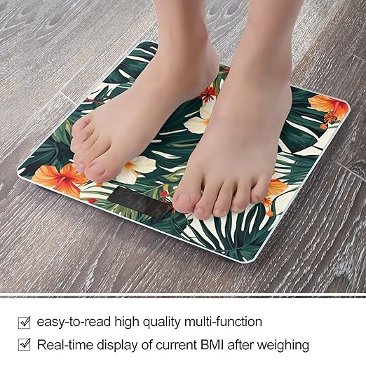 Tropical Summer Hawaiian Flower Palm Leaves Weight ScaleClear LED Display Bathroom Digital Weighing ScaleTempered Glass Digital Bathroom Scale for Body Weight Capacity Up to 400 Lbs