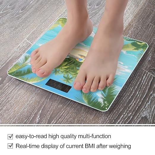 Tropical Island Weight Scale Cute Bathroom Scale for Body Highly Accurate Digital Weighing Machine for People Compact LCD Display Scales with Sturdy Toughened Glass Scales