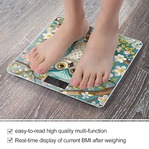 Owl Spring Flowers Turquoise Digital Bathroom Scale for Body Weight Weighing Scale with Backlit LCD Display High Precision Measurements &amp Measures Weight Up to 180kg