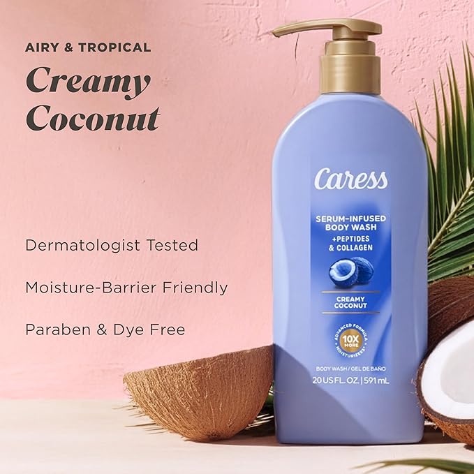 Caress Creamy Coconut Moisturizing Body Wash with Pump Serum-Infused Formula with Peptides &amp Collagen Fruity Tropical Long Lasting Fragrance Dermatologist Tested 20 fl oz (4 Pack)
