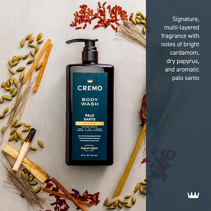 Cremo Rich-Lathering Palo Santo Body Wash for MenNotes of Bright CardamomDry Papyrus and Aromatic Palo Santo32 Fl Oz(Pack of 2)