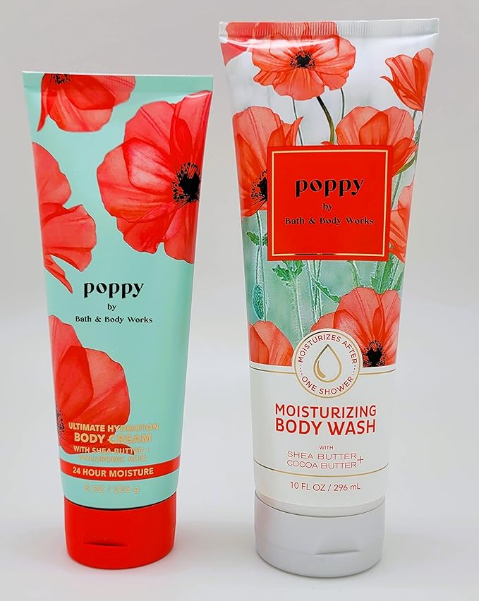 Bath &amp Body Works Poppy - 2 pc Bundle - Moisturizing Body Wash - 10 fl oz and Ultimate Hydration Body Cream - 8 fl oz.