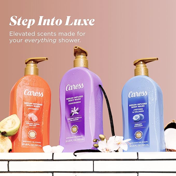 Caress Creamy Guava Nectar Moisturizing Body Wash with Pump Serum-Infused Formula with Vitamin C Fruity Citrus Woody Long Lasting Fragrance Dermatologist Tested 20 fl oz (4 Pack)