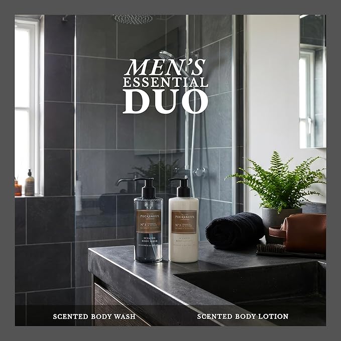Pecksniffs Mens Bathing Duo Collection – Bamboo &amp Vetiver Scented Body Wash and Body Lotion Gift Set 2 x 250ml