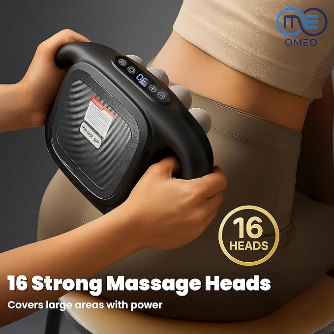 OMEO 16-Head Deep Tissue Massage Gun – Professional Percussion Massager with 30 Intensities &amp Quiet Motor | Portable Muscle Massager for Pain Relief Neck Back Shoulders &amp Legs (Black)