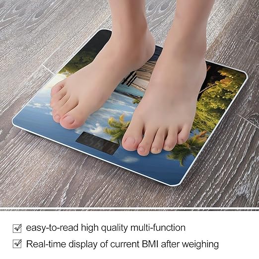 Palm Trees Beach Sea Ocean Scale for Body Weight Precision Bathroom Weighing Scales with Back Lit LCD Display Sturdy Tempered Glass Body Weight Scales Digital Bathroom Scale 400lb