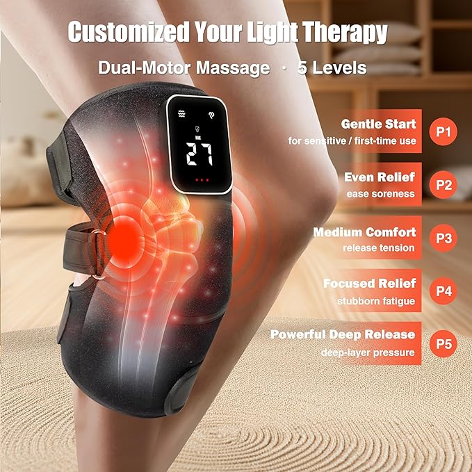 Red Light Therapy Vibration Knee Massager Vibration &amp Heat - 5 Massage Zones 660nm &amp 850nm Wavelengths Rechargeable Heating Pad Knee Wrap Gift for Men and Women