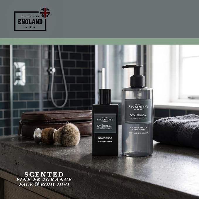 Pecksniff's Face &amp Body Duo Amber &amp Oud Wood – Men’s Grooming Gift Set with 100ml Face &amp Body Cologne and 250ml Body Wash – Luxury Fragrance Collection Made in England