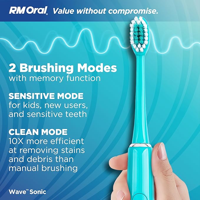 RM Oral Wave Sonic Battery-Operated Toothbrush with Soft Bristles &amp Travel Case 56000 Sonic Vibrations for Clean &amp Sensitive Whitening &amp Plaque Removal 2-Minute Timer Aquamarine