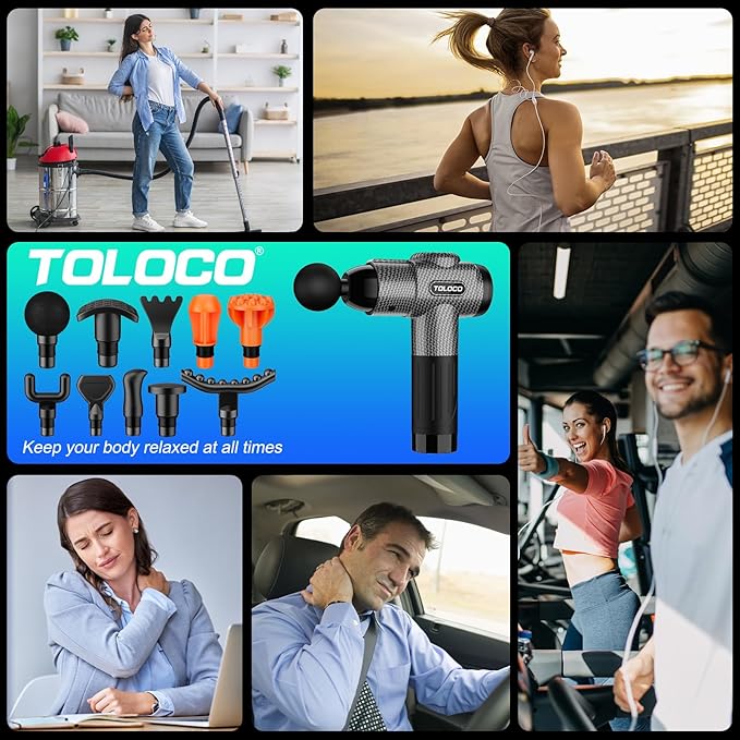 TOLOCO Massage Gun Deep Tissue Back Massage for Athletes for Pain Relief Percussion Massager with 10 Massages Heads &amp Silent Brushless Motor Valentines Day Gifts for Him Her Carbon