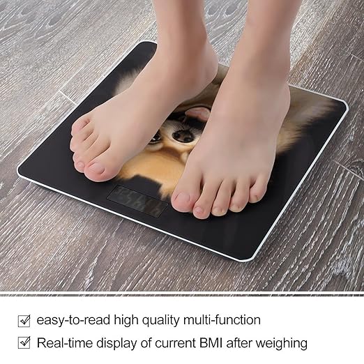 Happy Short Haired Pomeranian Bathroom Scale Automatic Power On/Off Body Scales LCD Backlight Display Square Digital Scale Rounded Corners Bathroom Scales for Home Bedrooms