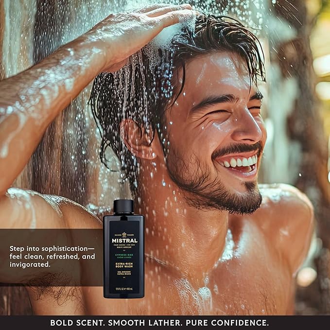 Mistral Men's Body Wash &amp Shampoo Cypress Oak 13.5 oz | 2-in-1 Natural Shower Gel for Men | SLS Paraben &amp Phthalate Free | Natural Men’s Body Wash Moisturizing Bath Gel - Made in France