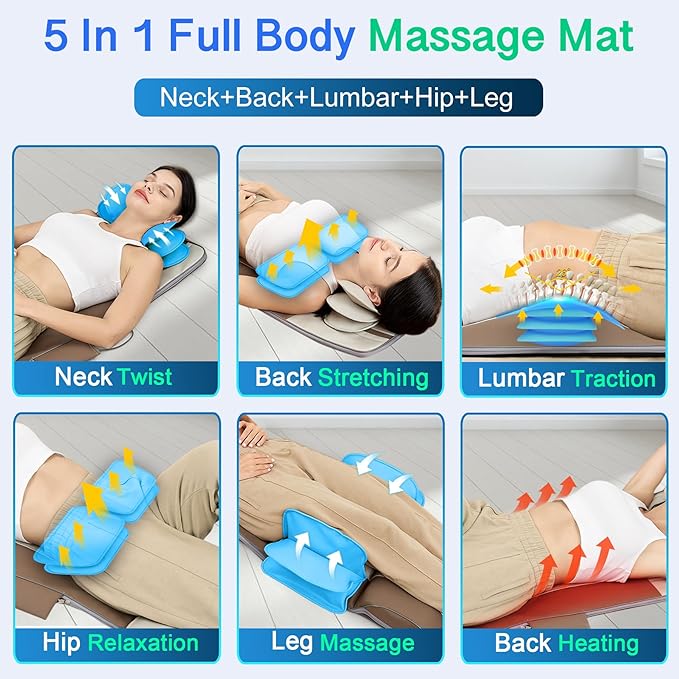 Full Body Massage Mat with Airbags Stretching &amp Heating 3D Lumbar Traction &amp Relaxation Back Massager Pad 4 Modes 3 Intensities 3 Heat Levels PU Leather Portable &amp Foldable Design Fi