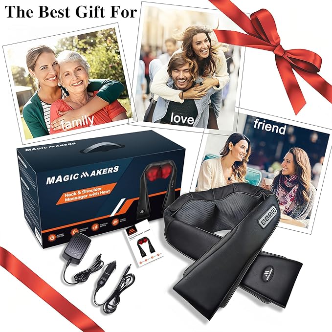 MagicMakers Electric Shiatsu Neck Massager with Heat - Pain Relief for Back Shoulders &amp Feet - Gifts for Men Women Mom Dad - From Daughter or Son - Ideal for Christmas Mother's Day &amp Fath