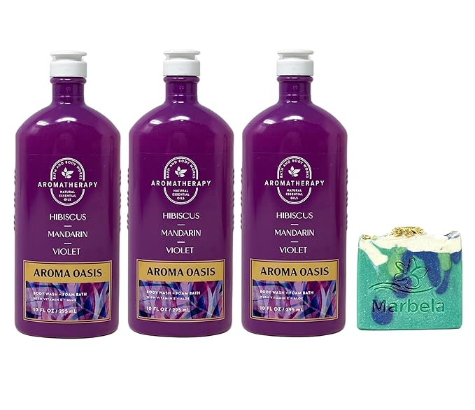 Bath &amp Body Works Aromatherapy Aroma Oasis Hibiscus Madarin Violet 3 Pack Body Wash Bundle with an Aloe Vera Bar Soap