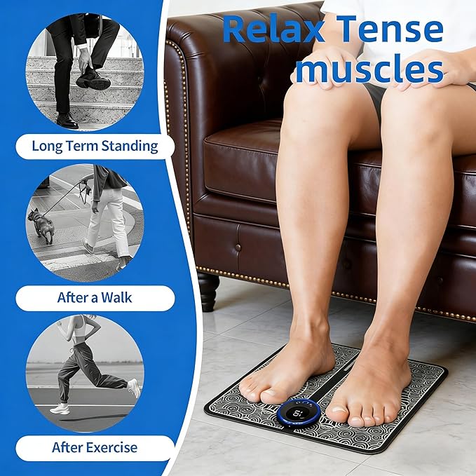 EMS Foot Massager for Pain Relief &amp Muscle Stimulation - 19 Intensity Levels 8 Modes with Wireless Remote | EMS Foot Plate Technology for Home/Office/Recovery Use (USB Rechargeable)