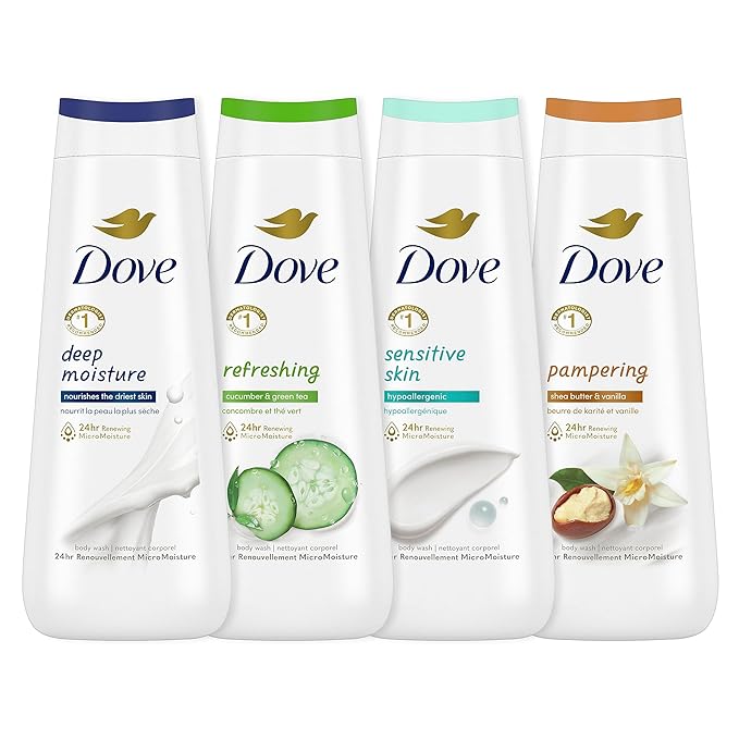 Dove Body Wash Revitalizante Cherry &amp Chia Milk 4 Count and Deep Moisture Sensitive Skin Cucumber and Green Tea and Shea Butter &amp Vanilla Collection 4 Count with 24hr Renewing MicroMoisture