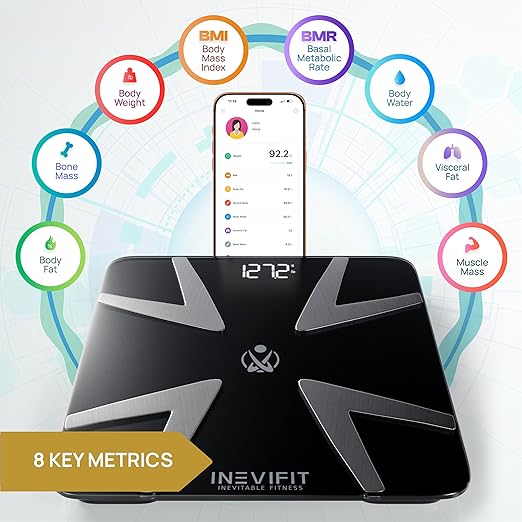 INEVIFIT SMART Body Fat Scale Highly Accurate Bluetooth Digital Bathroom Body Composition Analyzer Measures Weight Body Fat Water Muscle BMI Visceral Fat &amp Bone Mass for Unlimited Users
