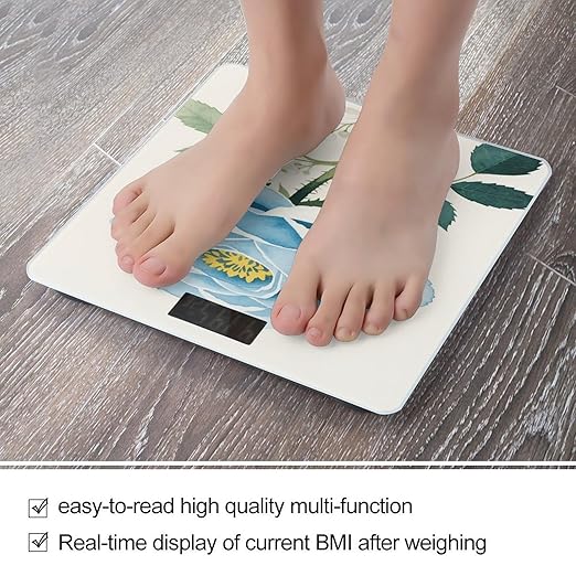 Watercolor Blue Flower Green Leaves Weight Scale Large Digital Bathroom Scales with Bright LED Display Non Slip Digital Scale and Step On Fashion Weighing Machine for Body