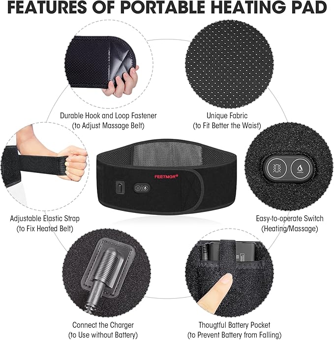 Heated Waist Belt Cordless Heating Pad for Low Back Electrical Heating and Massage Rechargeable Battery Powered