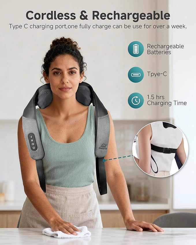 Snailax Cordless Neck Shoulder Massager with Graphene Heating Deep Tissue 4D Shiatsu Neck Massager for Pain Relief Rechargeable Back Massager with Upgraded Massage Heads for Deeper Muscle Relaxation