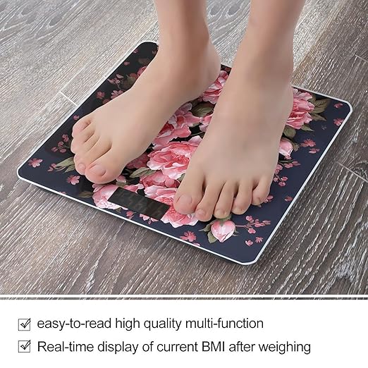 Peony Flowers Scale for Body Weight Anti-Slip Digital Bathroom Scale Sturdy Toughened Glass Weighing Scales High Precision Safe Rounded Corners Smart Scales