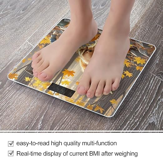 Dog and Maple Leaves Bathroom Scale for Body Weight Bathroom Weighing Scales with Back Lit LED Display Sturdy Tempered Glass Body Weight Bathroom Scale 400lb Weighing