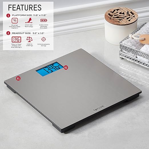 Taylor Digital Scales for Body Weight High 400 LB Capacity Brushed Stainless Steel Thin Glass Platform Unique Blue LCD Durable Platform 11.8 x 11.8 Inches Stainless Steel