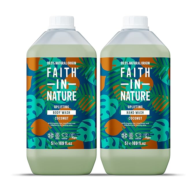 Faith In Nature Natural Hand Wash &amp Body Wash Set - Vegan &amp Cruelty Free No SLS or Parabens - 2 x 169 fl oz Value Bundle Pack Coconut