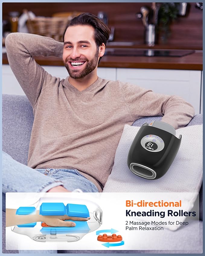 Hand Massager with Heat and Compression : Full Hand and Wrist Massage with Palm Kneading Rollers - Gifts for Arthritis Pain Relief Relaxation &amp Circulation - HSA or FSA Eligible