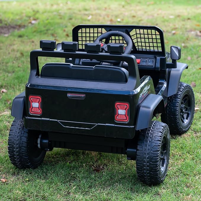 12V 7AH 4WD Kids Ride-On Truck Electric Off-Road Car with Remote &amp Pedal Control LED Lights Music USB Safety Belt 4-Wheel Suspension Adjustable Speeds Outdoor Gift for Boys Girls Black