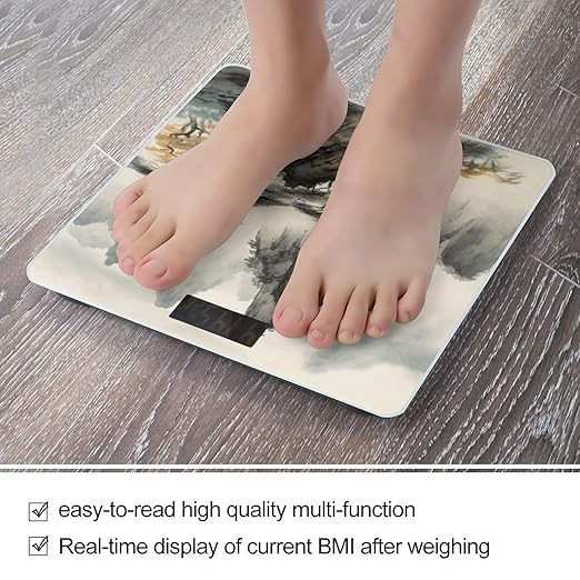 Chinese Landscape Painting Scale for Body Weight Anti-Slip Sturdy Tempered Glass Weighing Machine Highly Digital Accurate Bright LCD Bathroom Scale for Household Gift