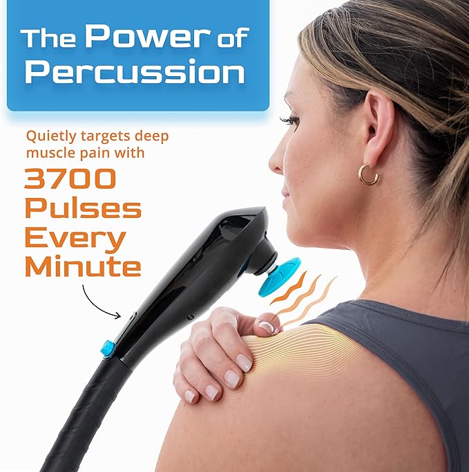 Mighty Bliss Deep Tissue And Back Massager Cordless Handheld Electric Percussion Muscle Massager Machine - Long Handle Full Body Therapy Massager For Neck Shoulder Back Leg Feet - 6 Heads Included