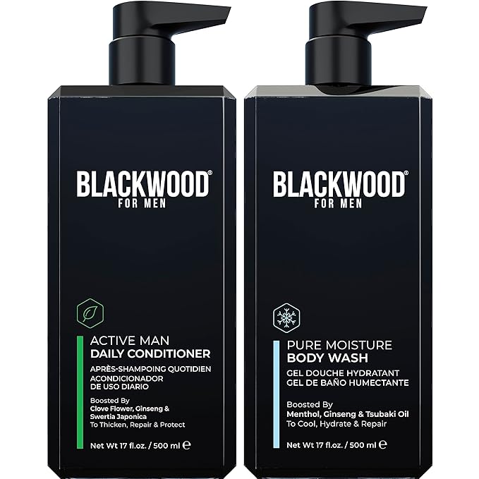 BLACKWOOD FOR MEN Active Man Daily Conditioner (17oz) and Pure Moisture Body Wash (17oz) Bundle - Natural Vegan Formula - Sulfate Free Paraben Free &amp Cruelty Free