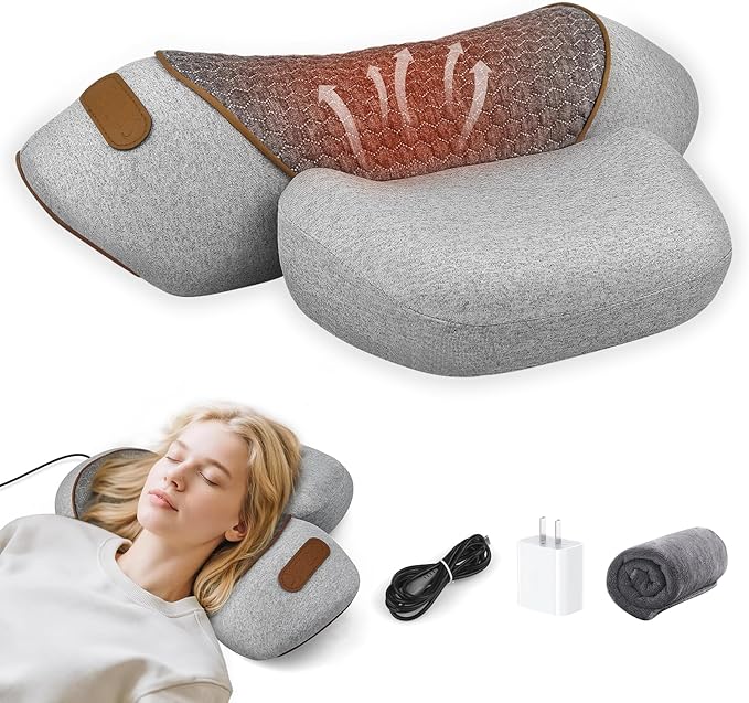 3-in-1 Neck Massager Pillow with Heat Massage &amp Stretcher Traction Massager for Neck Hump Shoulder &amp Muscle Relaxation Pain Relief &amp Cervical Support Ideal Gift for Women &amp Men