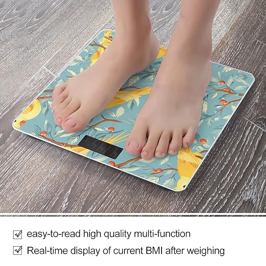 Yellow Parrot Birds Branches Berries Digital Bathroom Scale for Body Weight Lighted LCD Display Round Corner