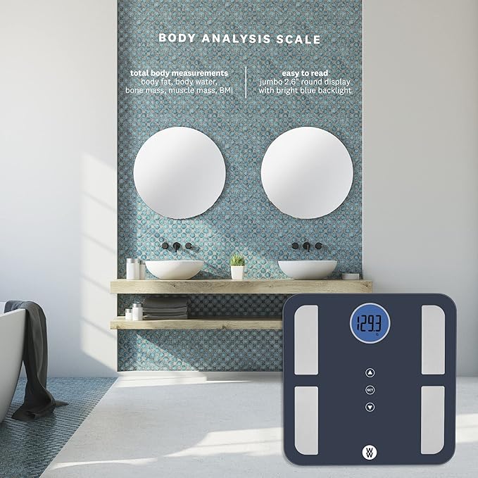 Weight Watchers Scales by Conair BathroomScale for BodyWeightGlass Digital ScaleBody Analysis Measures Body FatBody WaterBMIBone Mass&ampMuscle for 4UsersMeasures Weight up to 400Lbs in Black&a