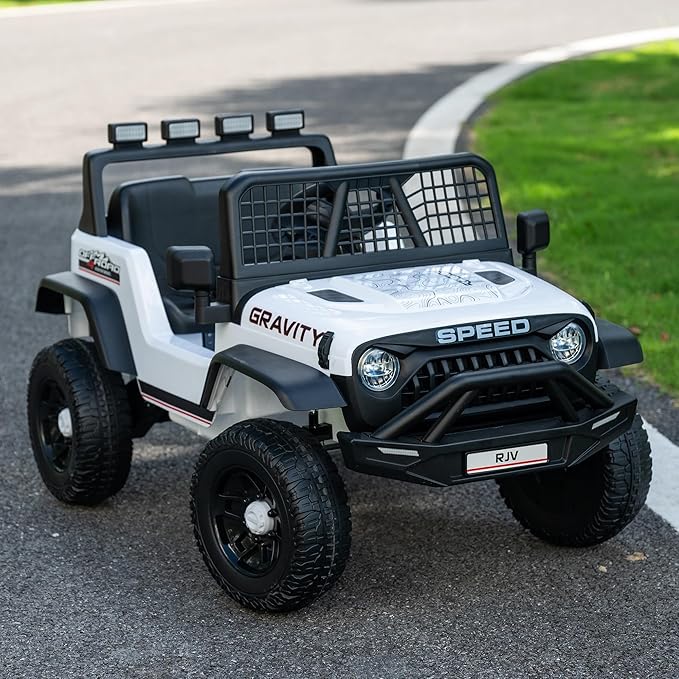12V 7AH 4WD Kids Ride-On Truck Electric Off-Road Car with Remote &amp Pedal Control LED Lights Music USB Safety Belt 4-Wheel Suspension Adjustable Speeds Outdoor Gift for Boys Girls White