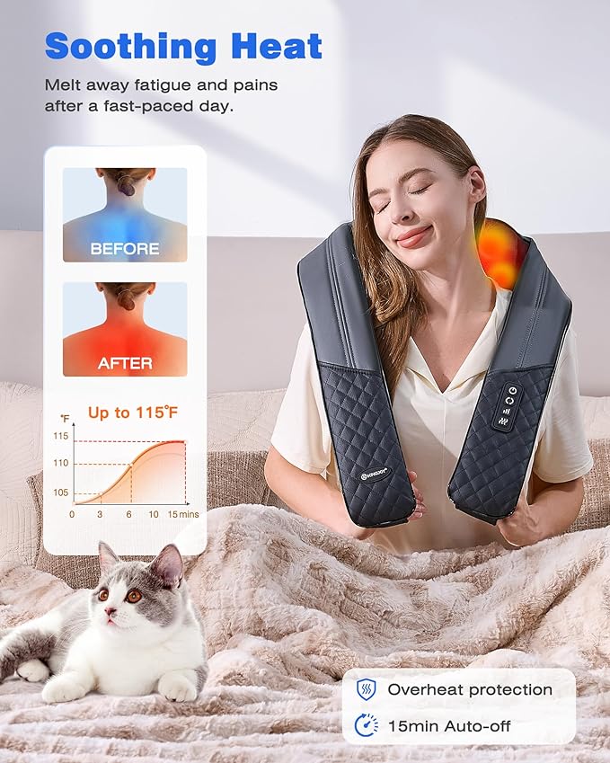 KINGJOY Neck and Shoulder Massager with Heat Shiatsu Neck and Back Massager for Back Shoulder Legs 2025 Upgraded 4D Kneading Deep Tissue Pain Relief Gifts for Women/Men/Mom/Dad Plug-in Use Only