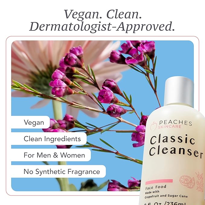 Peaches Skincare Hydrating Facial Cleanser – Vegan Face Wash with Grapefruit Sugar Cane and Gotu Kola – Lightly Exfoliating Daily Formula for All Skin Types – Classic Cleanser – 8 oz