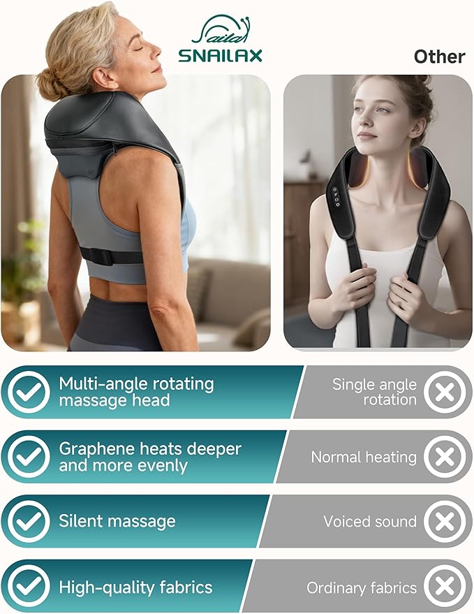 Snailax Cordless Neck Shoulder Massager with Graphene Heating Deep Tissue 4D Shiatsu Neck Massager for Pain Relief Rechargeable Back Massager with Upgraded Massage Heads for Deeper Muscle Relaxation