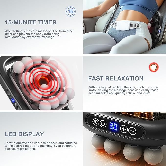 16 Head Massage Gun Deep Tissue Multi-Head Percussion Massager with 30 Speeds &amp 3 Modes Red Light Therapy Muscle Massager for Back Legs Waist Buttocks Quiet Powerful Body Massager Gray