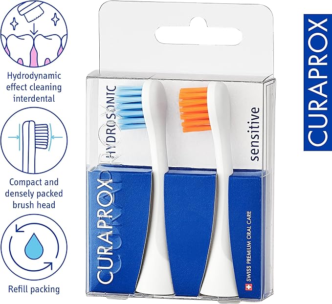 Curaprox Hydrosonic Brush Heads Rainbow Sensitive Duo – for Gentle Gum Care &amp Daily Cleaning | Blue/Orange 2-Pack | Compatible with All Curaprox Sonic Models | Swiss Made