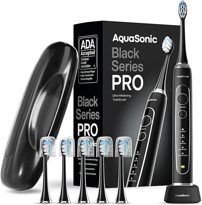 Aquasonic Black Series PRO – Ultra-Whitening Electric Toothbrush – 5 Modes &amp Smart Timers – Premium Travel Case &amp 6 Proflex Brush Heads – ADA Accepted Toothbrush